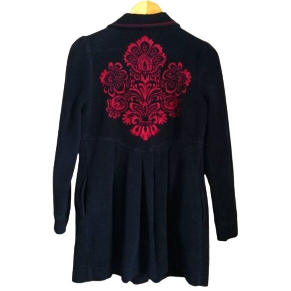𝅺GREEN DRAGON Black & Red Embroidered Bohemian Pleated Fleece Flare Coat Medium - Picture 1 of 15